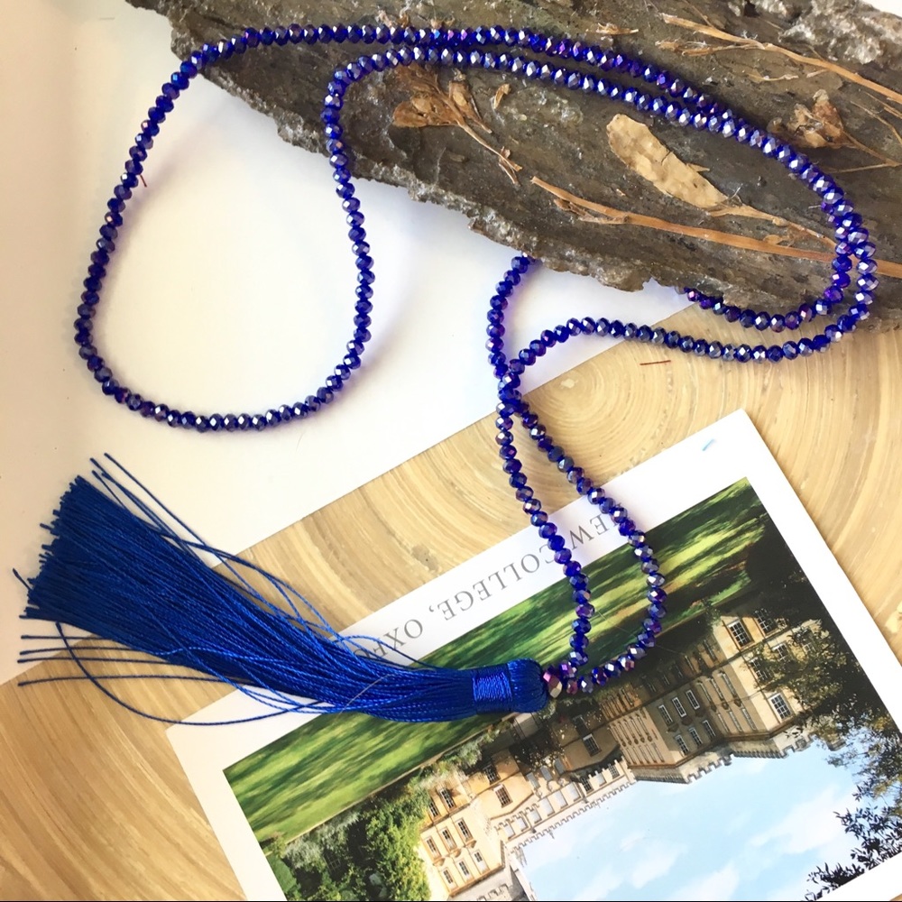 Blue Beaded Tassel Pendant Necklace